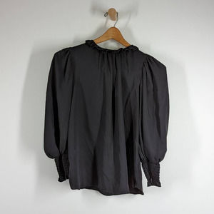 Amanda Uprichard Black Ruffle Crew Neck Balloon Sleeve Blouse Size Petite FLAWS